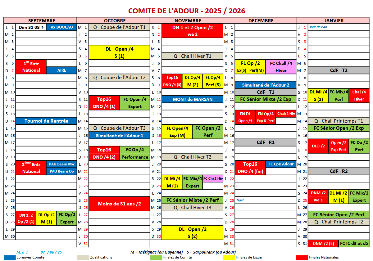 Calendrier ADOUR 2025-2026